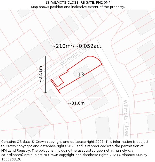 13, WILMOTS CLOSE, REIGATE, RH2 0NP: Plot and title map