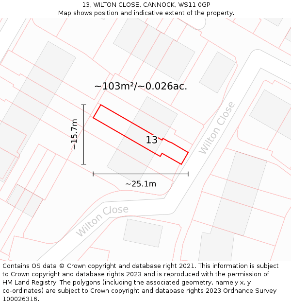 13, WILTON CLOSE, CANNOCK, WS11 0GP: Plot and title map