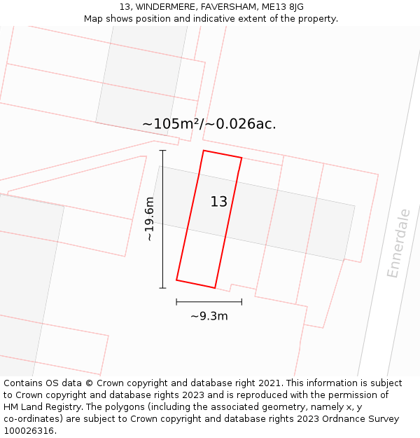 13, WINDERMERE, FAVERSHAM, ME13 8JG: Plot and title map