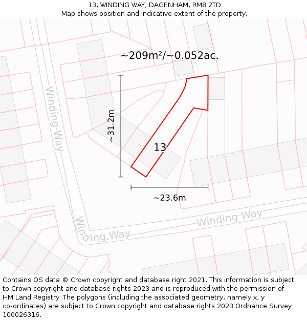 13, WINDING WAY, DAGENHAM, RM8 2TD: Plot and title map