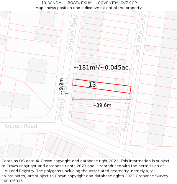 13, WINDMILL ROAD, EXHALL, COVENTRY, CV7 9GP: Plot and title map