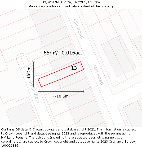 13, WINDMILL VIEW, LINCOLN, LN1 3JW: Plot and title map