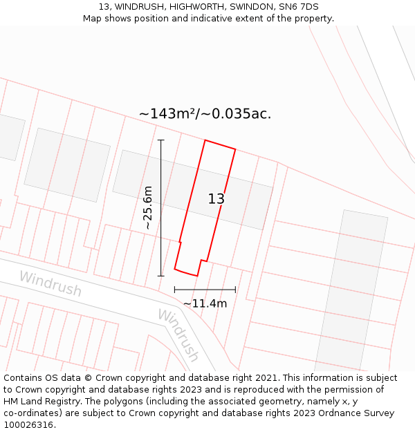 13, WINDRUSH, HIGHWORTH, SWINDON, SN6 7DS: Plot and title map