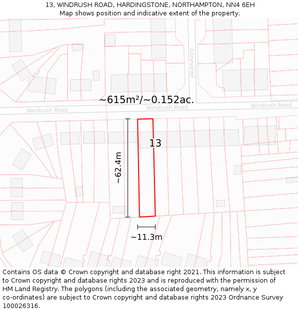 13, WINDRUSH ROAD, HARDINGSTONE, NORTHAMPTON, NN4 6EH: Plot and title map