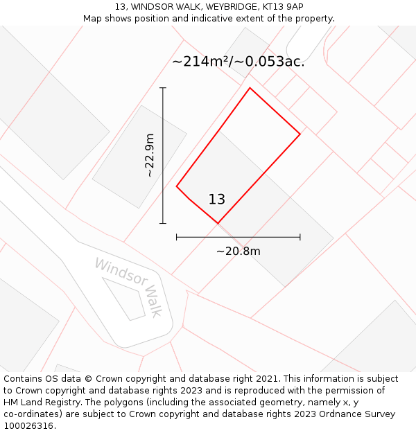 13, WINDSOR WALK, WEYBRIDGE, KT13 9AP: Plot and title map