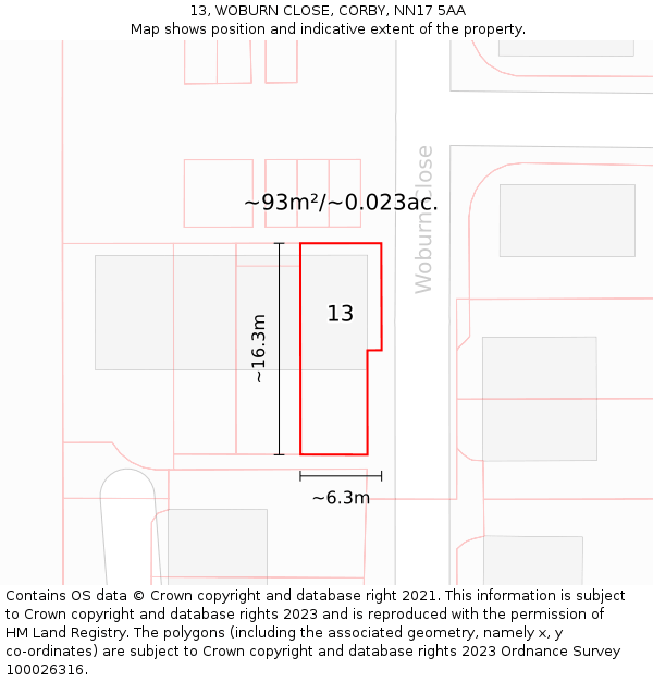 13, WOBURN CLOSE, CORBY, NN17 5AA: Plot and title map