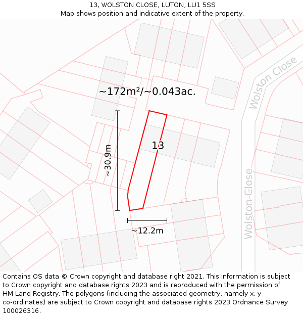 13, WOLSTON CLOSE, LUTON, LU1 5SS: Plot and title map