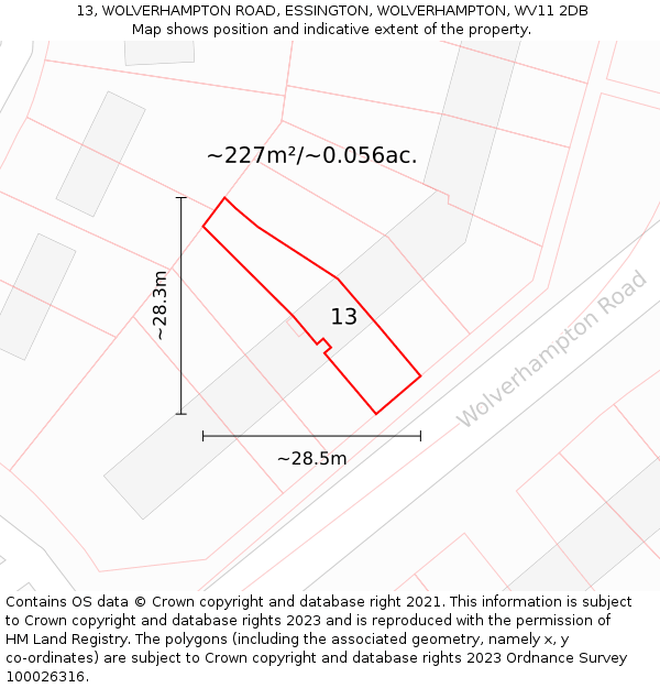 13, WOLVERHAMPTON ROAD, ESSINGTON, WOLVERHAMPTON, WV11 2DB: Plot and title map