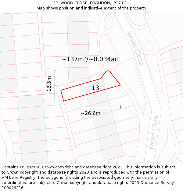 13, WOOD CLOSE, BRANDON, IP27 0DU: Plot and title map