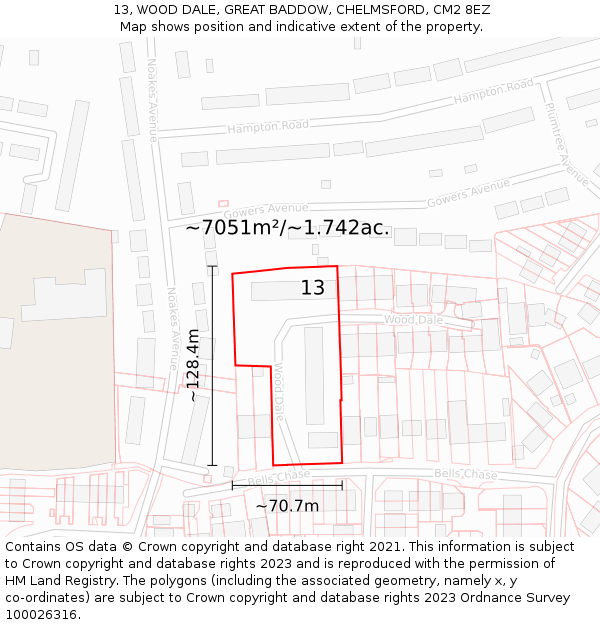 13, WOOD DALE, GREAT BADDOW, CHELMSFORD, CM2 8EZ: Plot and title map