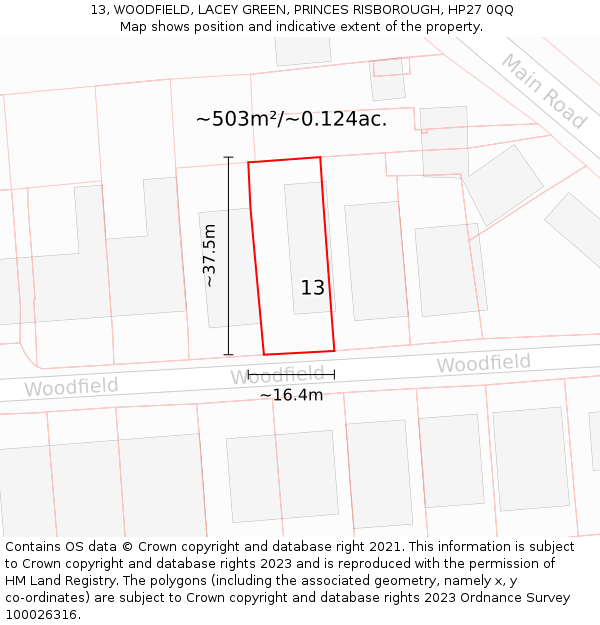 13, WOODFIELD, LACEY GREEN, PRINCES RISBOROUGH, HP27 0QQ: Plot and title map