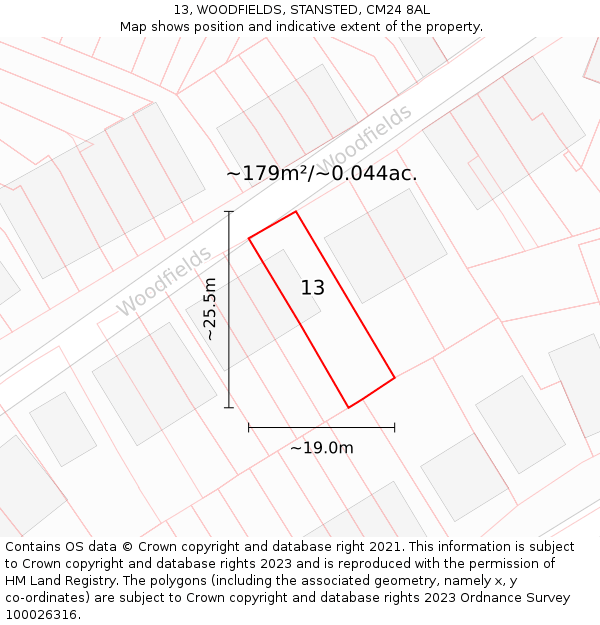 13, WOODFIELDS, STANSTED, CM24 8AL: Plot and title map