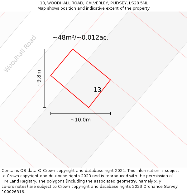 13, WOODHALL ROAD, CALVERLEY, PUDSEY, LS28 5NL: Plot and title map