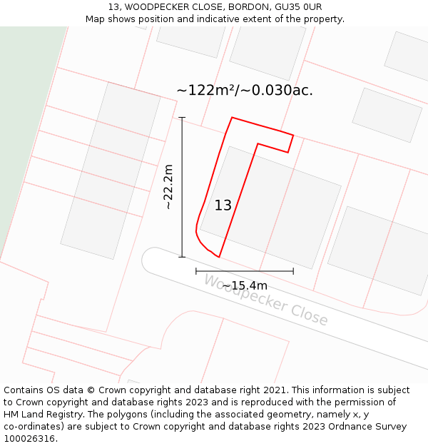 13, WOODPECKER CLOSE, BORDON, GU35 0UR: Plot and title map