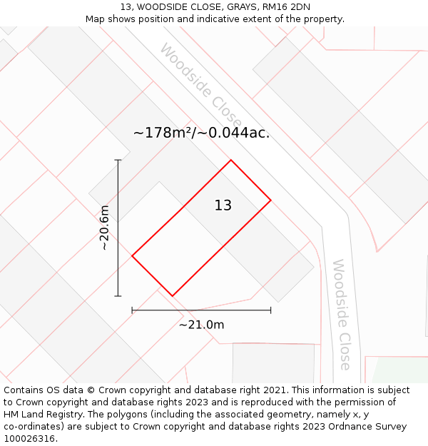 13, WOODSIDE CLOSE, GRAYS, RM16 2DN: Plot and title map