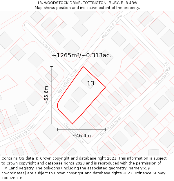 13, WOODSTOCK DRIVE, TOTTINGTON, BURY, BL8 4BW: Plot and title map