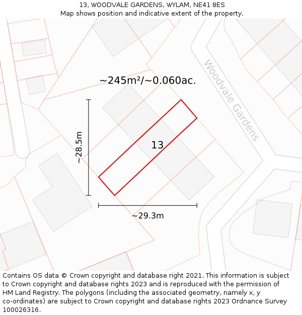 13, WOODVALE GARDENS, WYLAM, NE41 8ES: Plot and title map