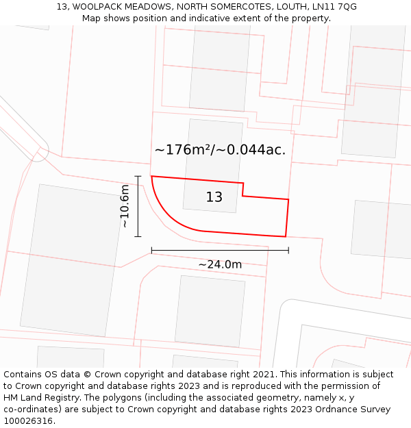 13, WOOLPACK MEADOWS, NORTH SOMERCOTES, LOUTH, LN11 7QG: Plot and title map