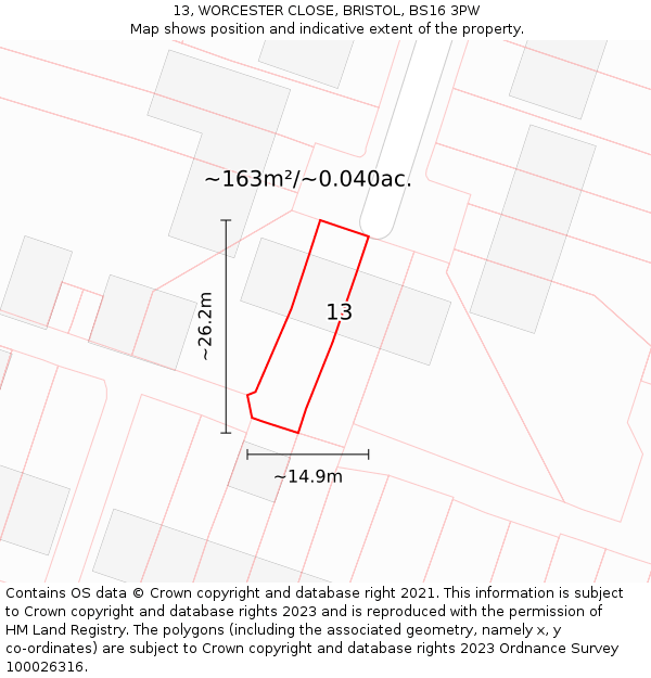 13, WORCESTER CLOSE, BRISTOL, BS16 3PW: Plot and title map