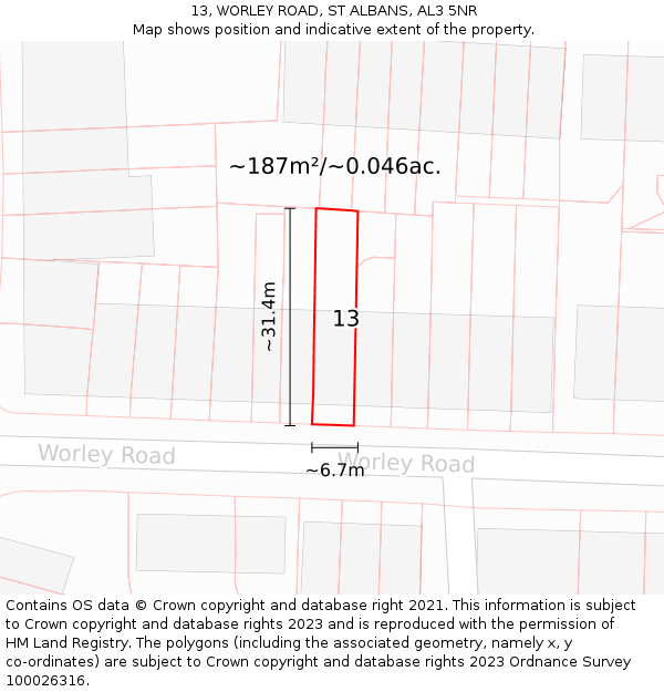 13, WORLEY ROAD, ST ALBANS, AL3 5NR: Plot and title map