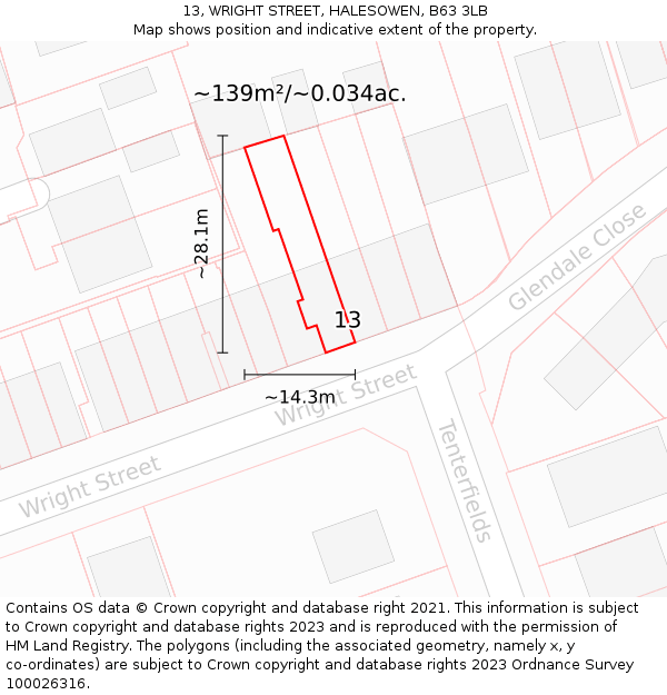 13, WRIGHT STREET, HALESOWEN, B63 3LB: Plot and title map