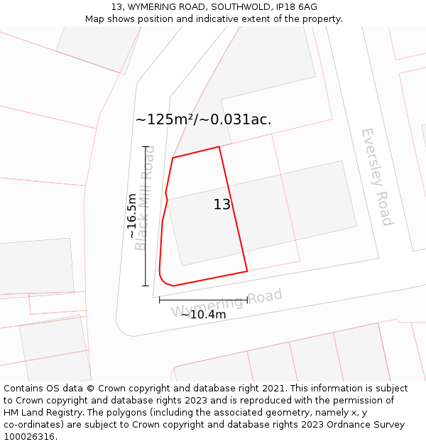 13, WYMERING ROAD, SOUTHWOLD, IP18 6AG: Plot and title map