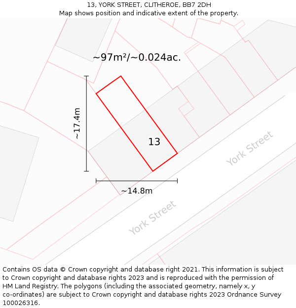 13, YORK STREET, CLITHEROE, BB7 2DH: Plot and title map