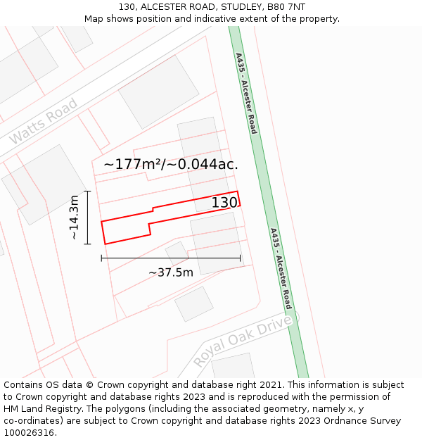 130, ALCESTER ROAD, STUDLEY, B80 7NT: Plot and title map