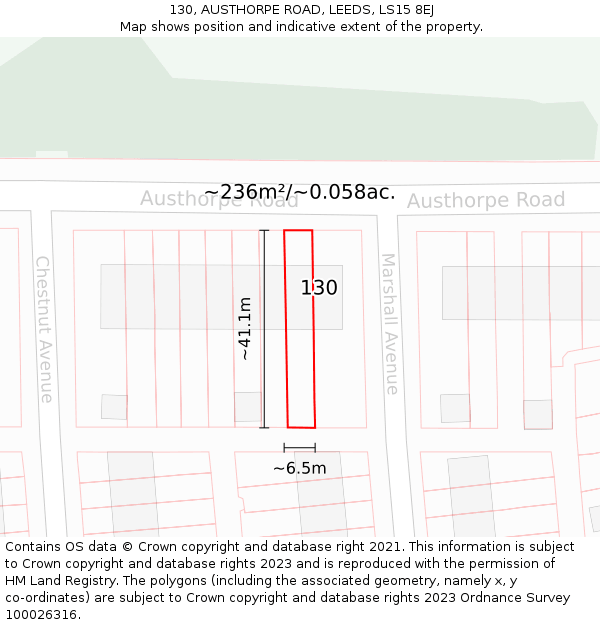 130, AUSTHORPE ROAD, LEEDS, LS15 8EJ: Plot and title map
