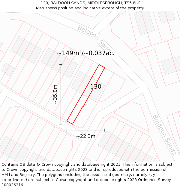 130, BALDOON SANDS, MIDDLESBROUGH, TS5 8UF: Plot and title map