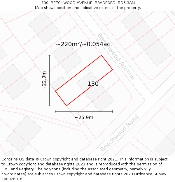 130, BEECHWOOD AVENUE, BRADFORD, BD6 3AN: Plot and title map