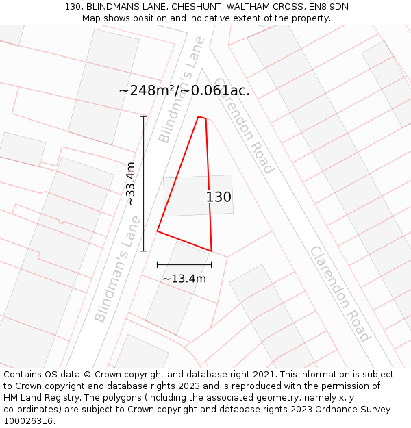 130, BLINDMANS LANE, CHESHUNT, WALTHAM CROSS, EN8 9DN: Plot and title map