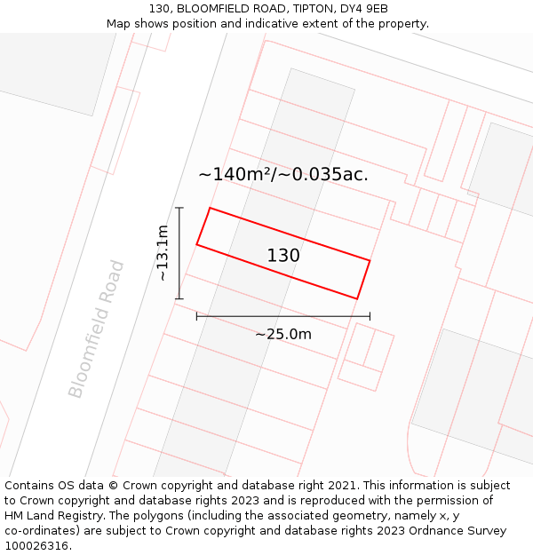 130, BLOOMFIELD ROAD, TIPTON, DY4 9EB: Plot and title map