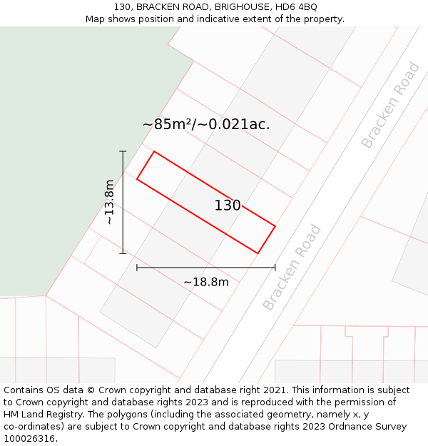 130, BRACKEN ROAD, BRIGHOUSE, HD6 4BQ: Plot and title map