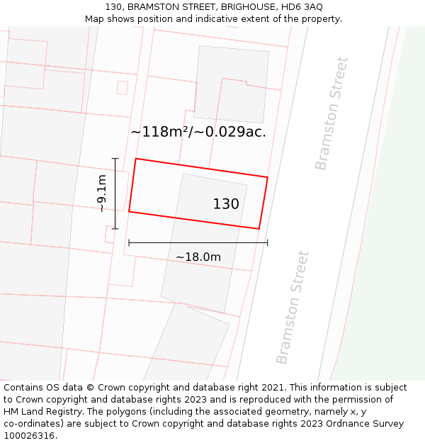 130, BRAMSTON STREET, BRIGHOUSE, HD6 3AQ: Plot and title map