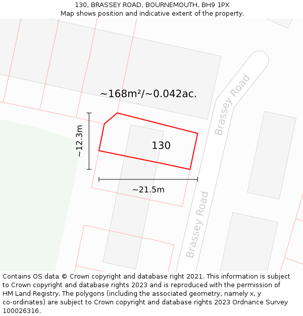 130, BRASSEY ROAD, BOURNEMOUTH, BH9 1PX: Plot and title map