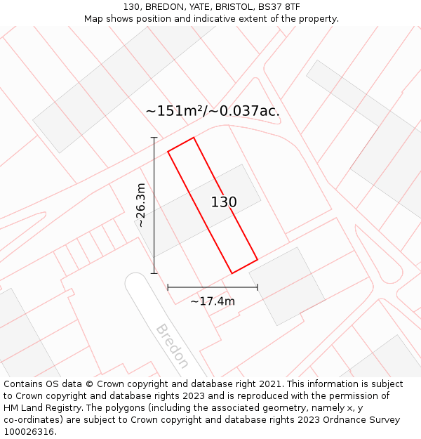 130, BREDON, YATE, BRISTOL, BS37 8TF: Plot and title map