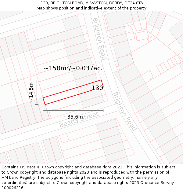 130, BRIGHTON ROAD, ALVASTON, DERBY, DE24 8TA: Plot and title map