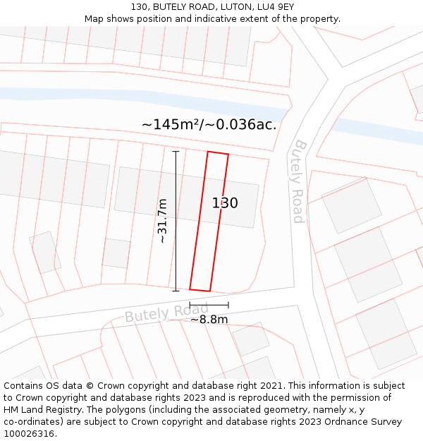 130, BUTELY ROAD, LUTON, LU4 9EY: Plot and title map