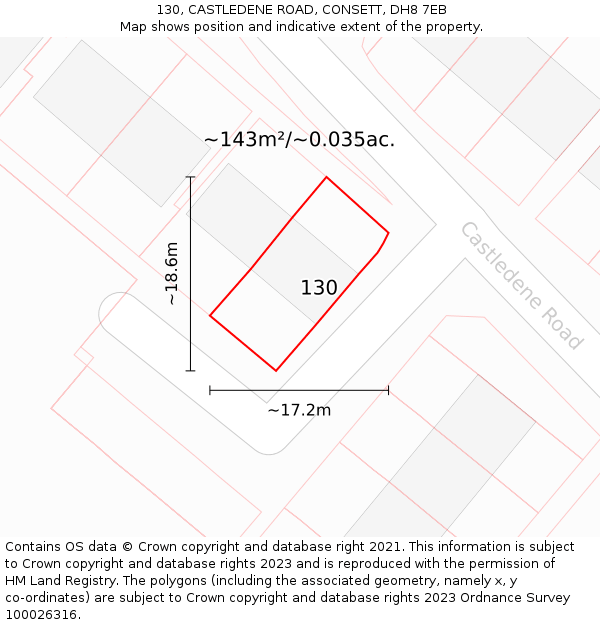 130, CASTLEDENE ROAD, CONSETT, DH8 7EB: Plot and title map