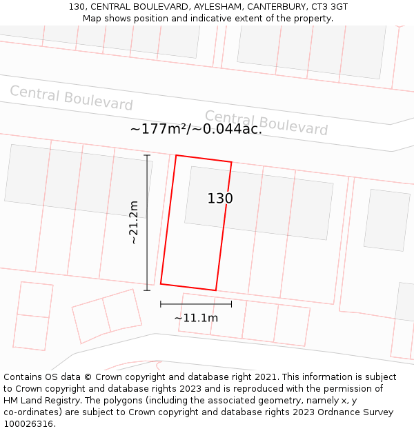 130, CENTRAL BOULEVARD, AYLESHAM, CANTERBURY, CT3 3GT: Plot and title map