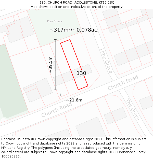 130, CHURCH ROAD, ADDLESTONE, KT15 1SQ: Plot and title map