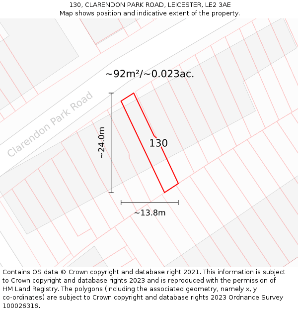 130, CLARENDON PARK ROAD, LEICESTER, LE2 3AE: Plot and title map