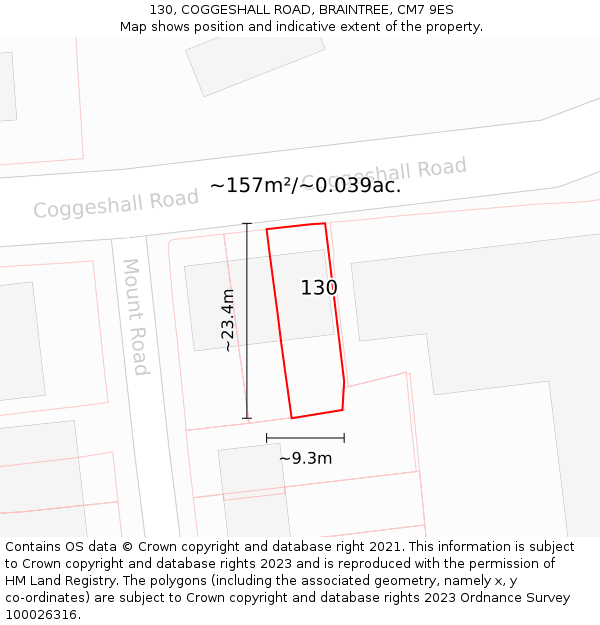 130, COGGESHALL ROAD, BRAINTREE, CM7 9ES: Plot and title map