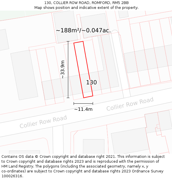 130, COLLIER ROW ROAD, ROMFORD, RM5 2BB: Plot and title map