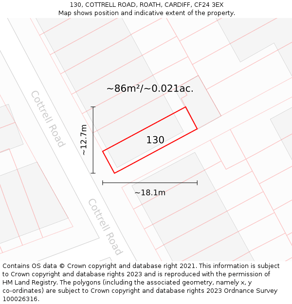 130, COTTRELL ROAD, ROATH, CARDIFF, CF24 3EX: Plot and title map