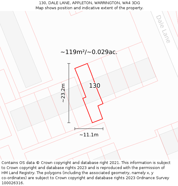130, DALE LANE, APPLETON, WARRINGTON, WA4 3DG: Plot and title map
