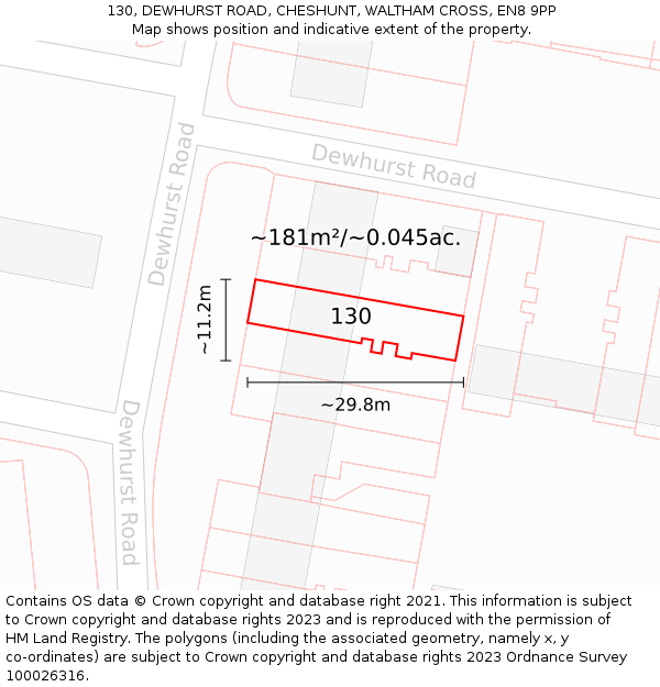 130, DEWHURST ROAD, CHESHUNT, WALTHAM CROSS, EN8 9PP: Plot and title map