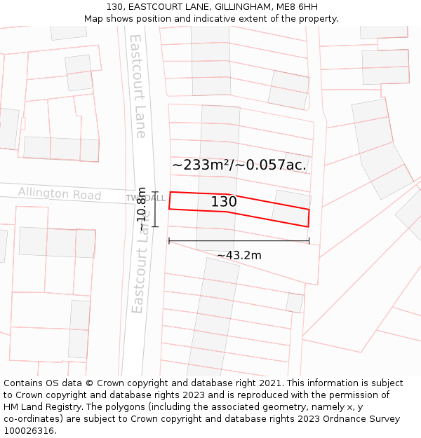 130, EASTCOURT LANE, GILLINGHAM, ME8 6HH: Plot and title map