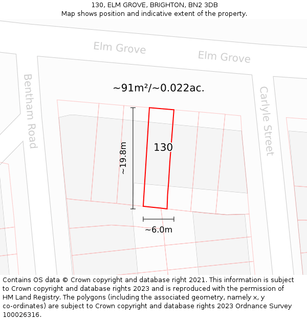 130, ELM GROVE, BRIGHTON, BN2 3DB: Plot and title map